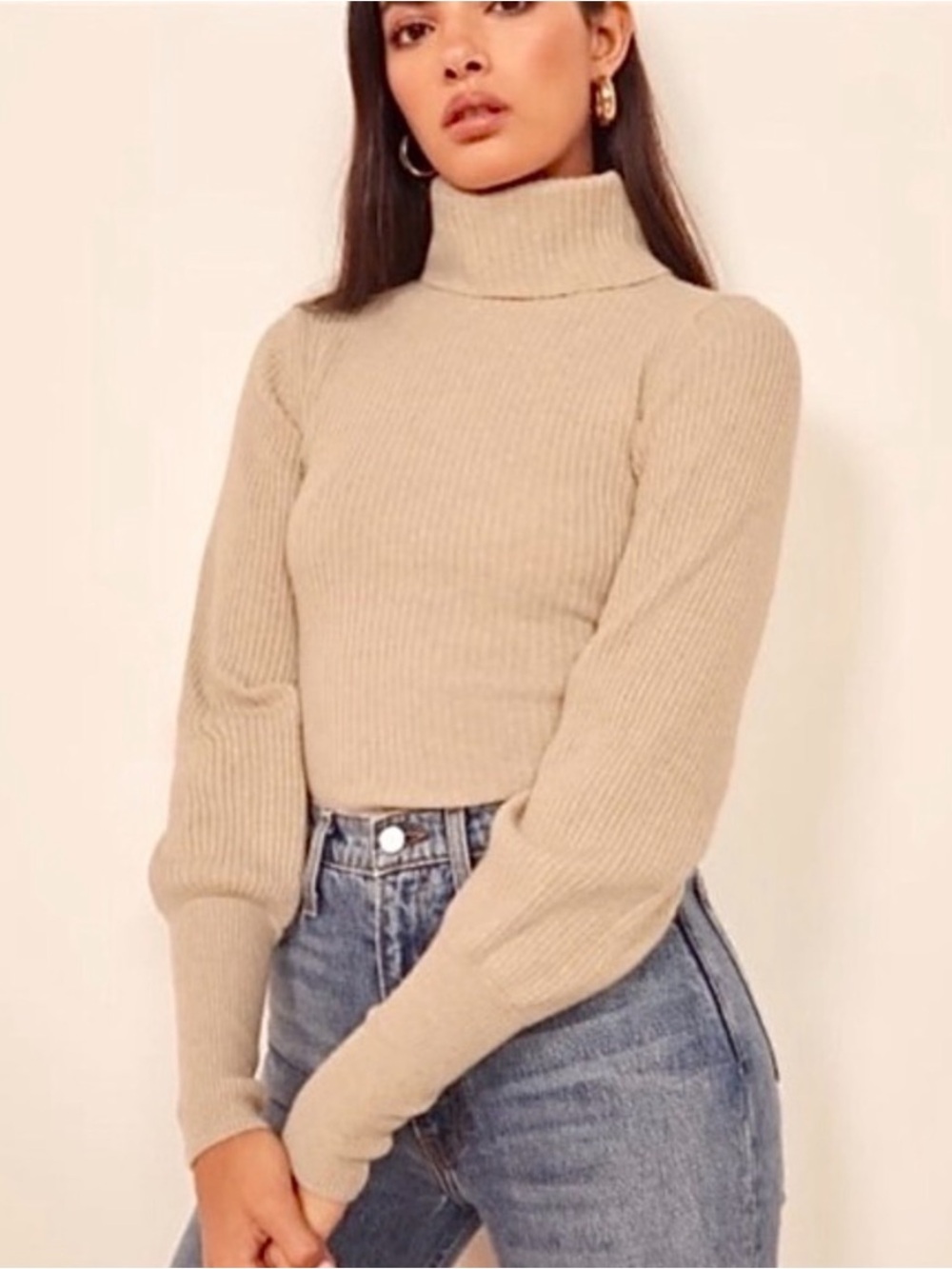 Reformation Cashmere Victoria Turtleneck Sweater Size Medium Sand Beige Ribbed